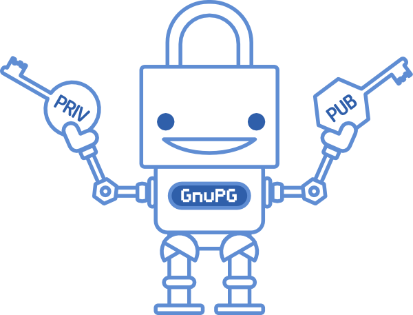 A robot with a head shaped like a key holding a private and a public key